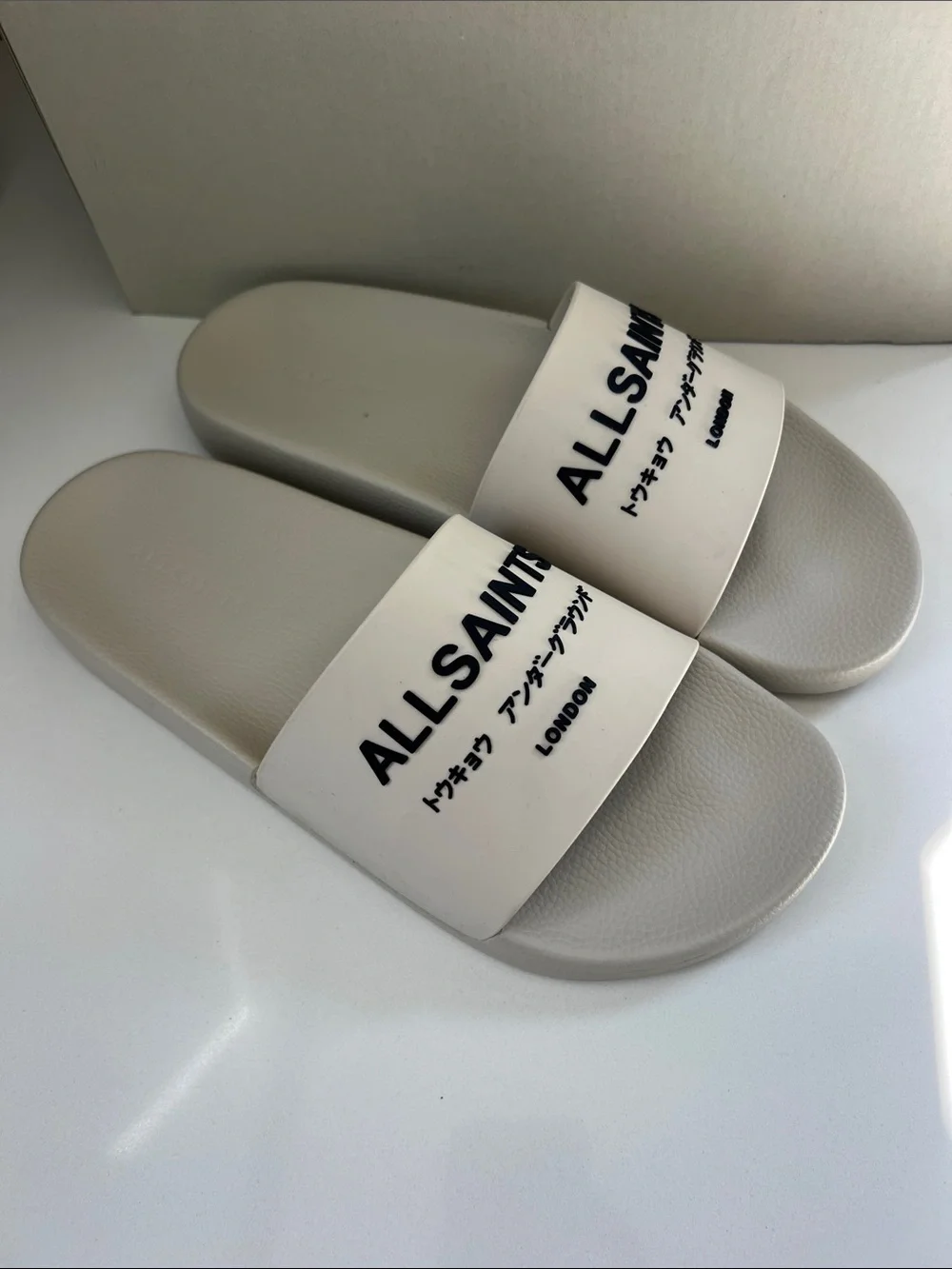ALLSAINTS underground logo open toe slip on slider sandals cream light gray 42